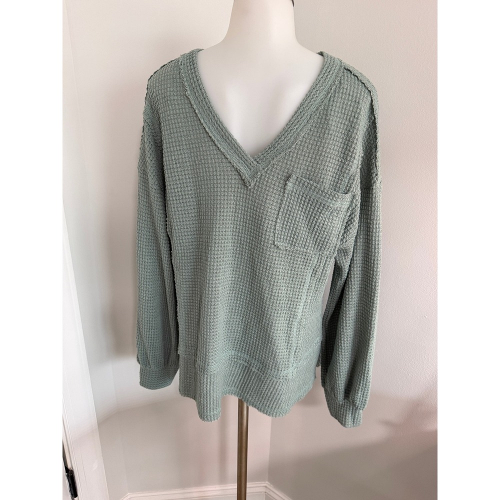 New In Sage Green Waffle Knit V-Neck Thermal Top Oversized Pocket Sweater Medium
